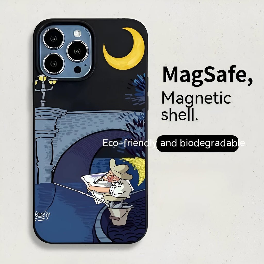 Men's magnetic retro phone case with oil painting design for iPhone 13 14 drop-resistant resin cover