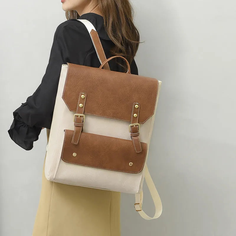Korean style retro simple backpack in soft PU material, shown in dark brown colour