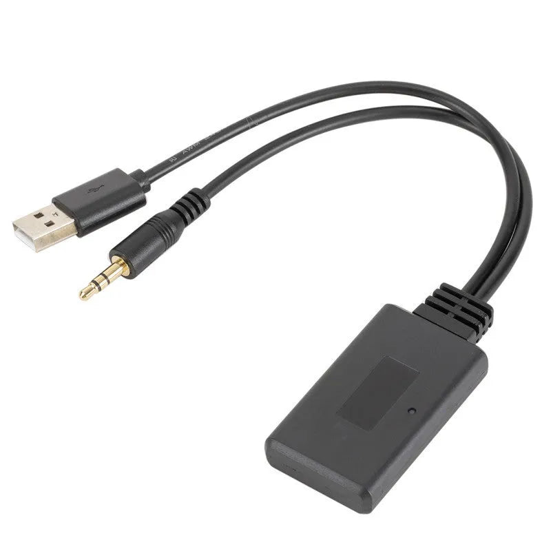 Black car Bluetooth audio receiver with AUX cable and USB port for wireless music streaming