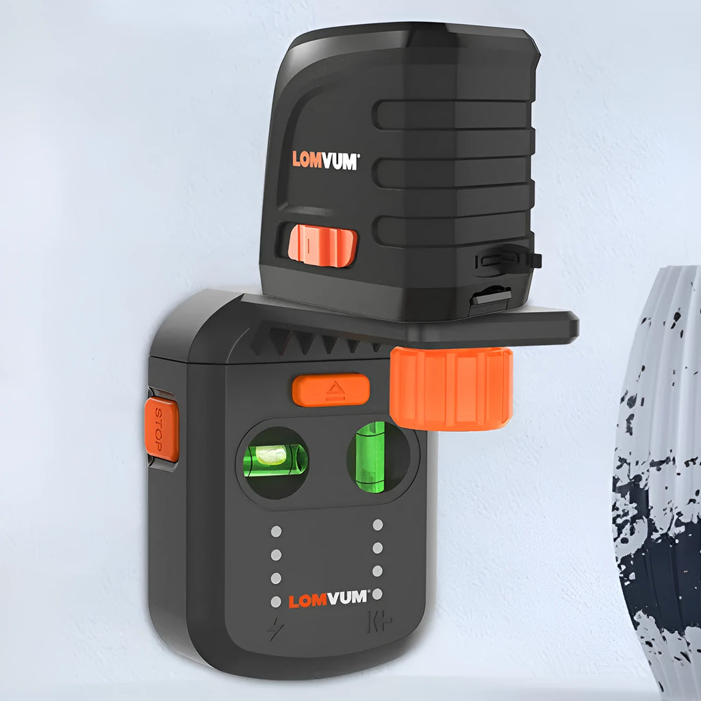 Red hammer drill dust collector accessory with integrated laser level and mounting bracket.