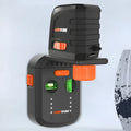 Red hammer drill dust collector accessory with integrated laser level and mounting bracket.