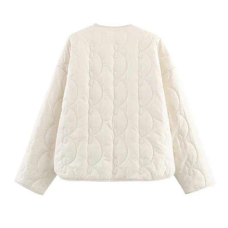 Women's bow quilted coat in black with straight cut, medium thickness polyester fabric, regular sleeves, 50 cm length