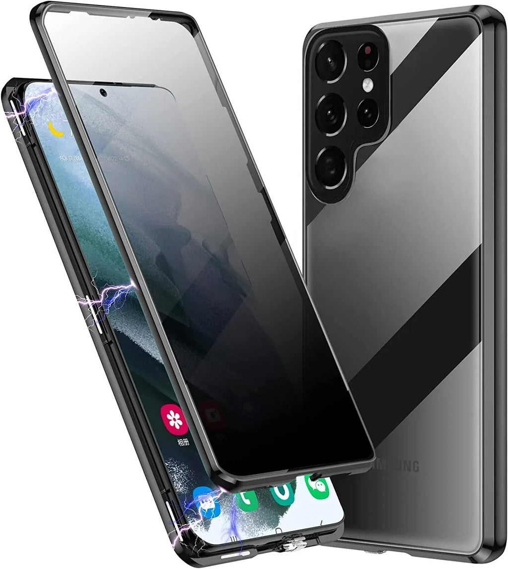 Peep-proof phone case for Samsung Galaxy S25 in Black with double-sided glass and metal frame