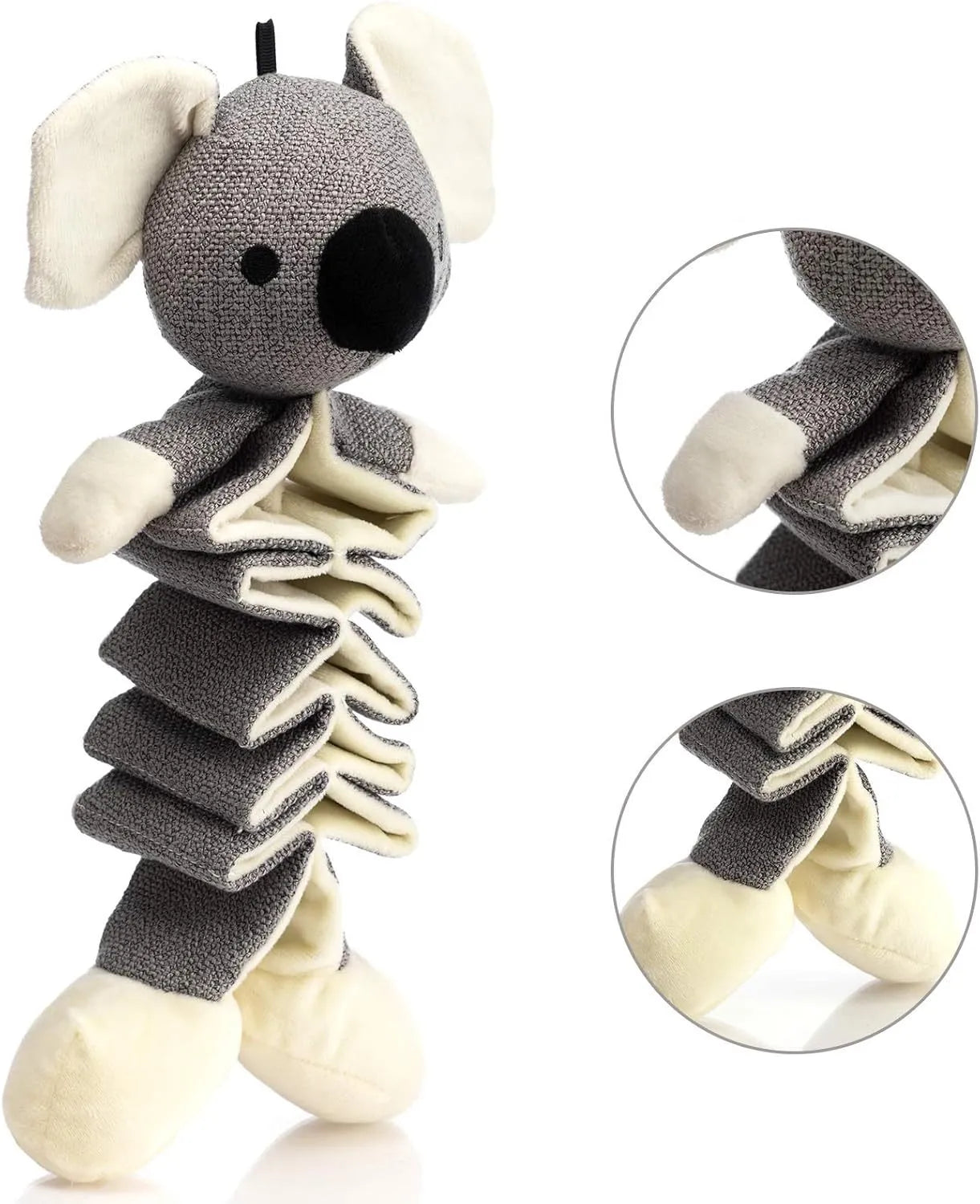 Grey koala plush dog squeaky toy measuring 30 cm with crinkle paper inside.