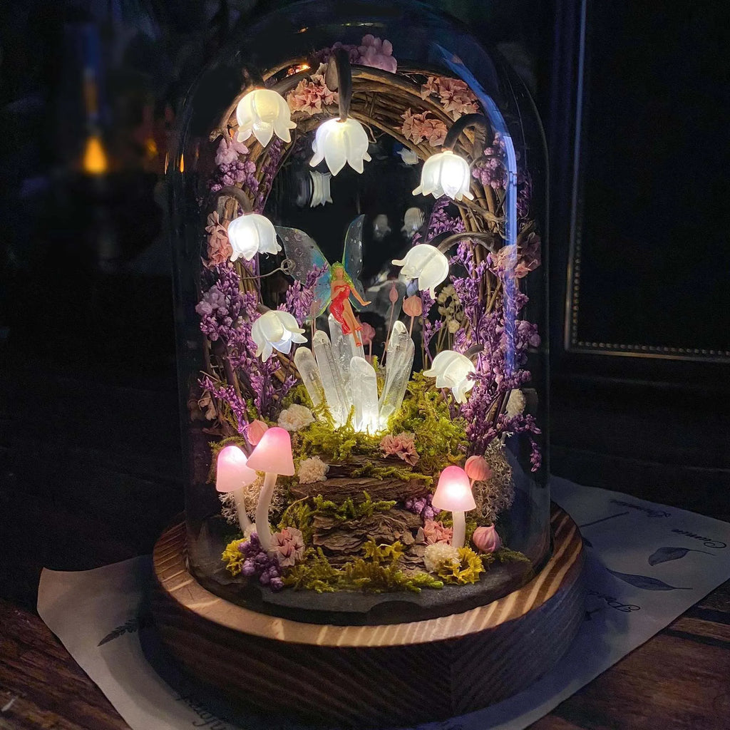 Handmade mushroom creative small night lamp with glass cover cylindrical shape on a table