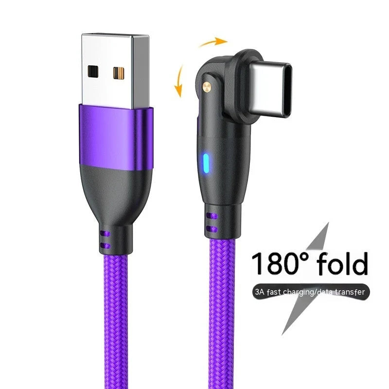 180-degree bendable fast charge data cable in black, red, and purple