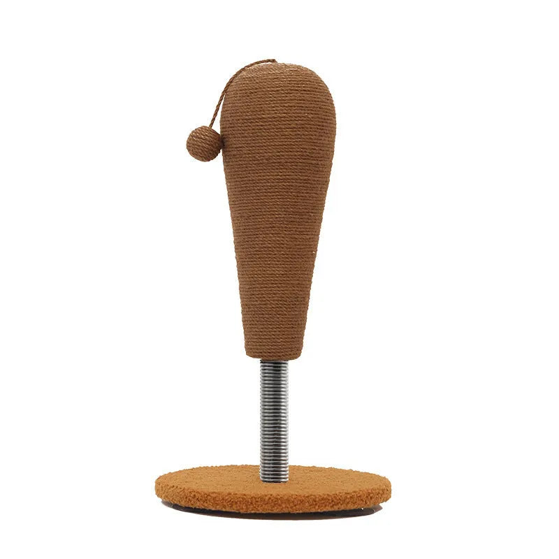 Hemp rope cat scratching board with integrated tumbling ball in large and small sizes.