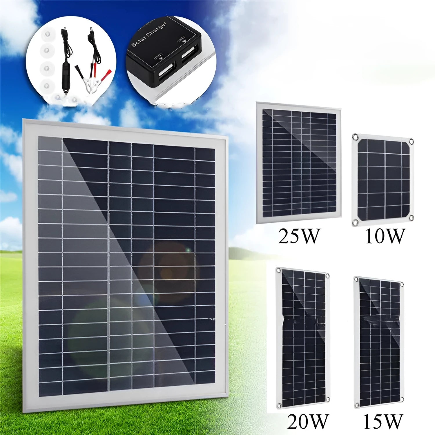 Portable 10W solar panel with dual USB ports and suction cups for outdoor device charging