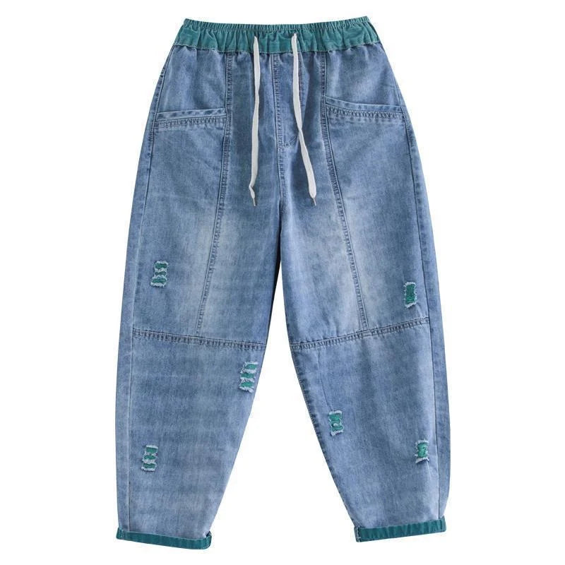Women's Summer Fashion Ripped Ninth Jeans in green and orange, featuring unique ripped details and nine-point length.