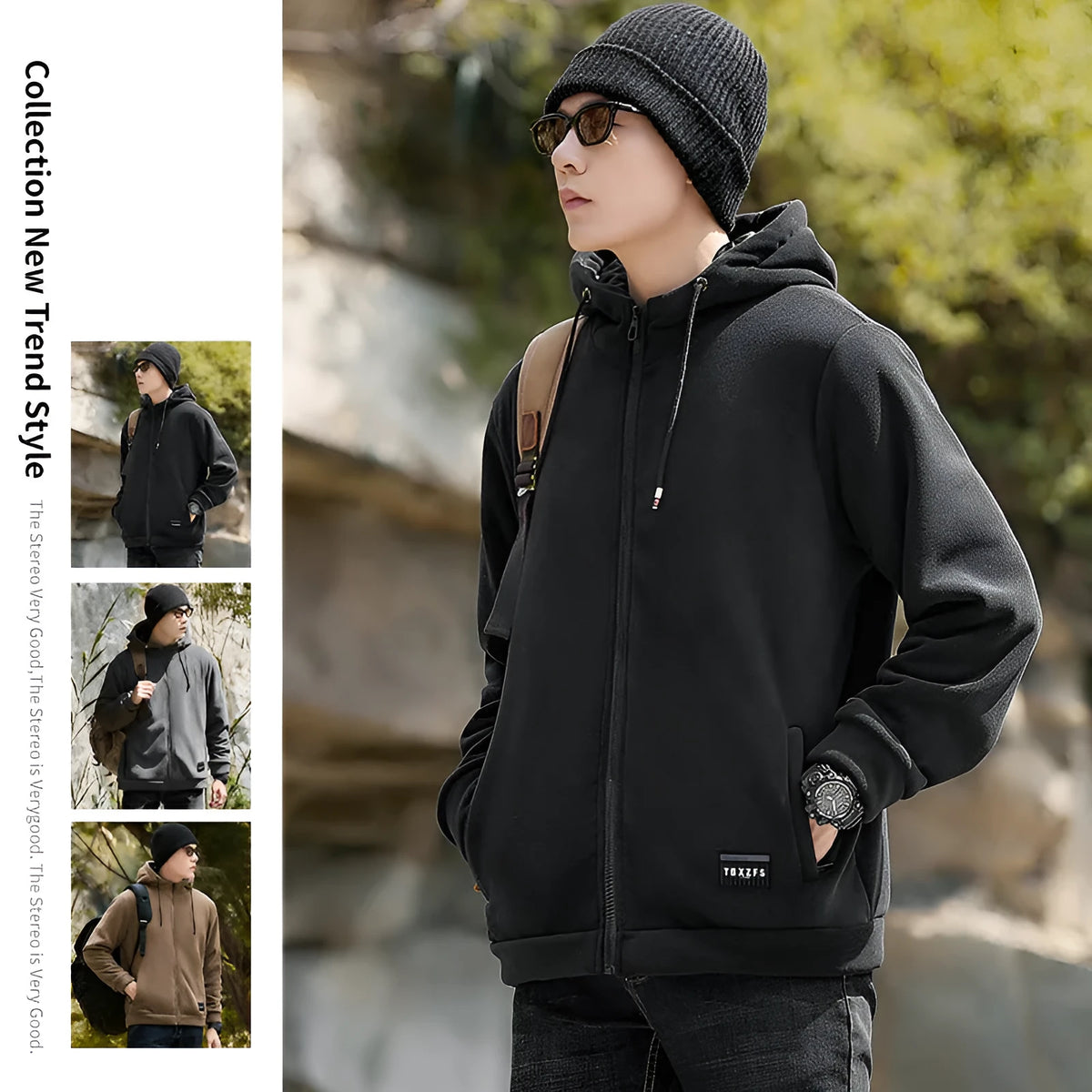 Men's hooded lamb wool jacket in camel, loose casual brush hoody style with wool liner