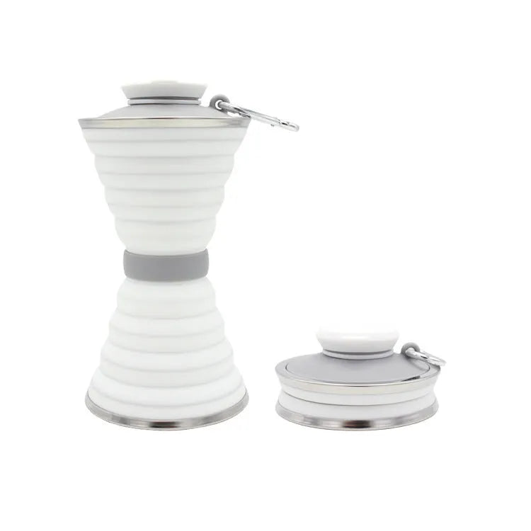 500ml collapsible silicone travel cup shown folded and unfolded with hanging rope and stainless steel rim