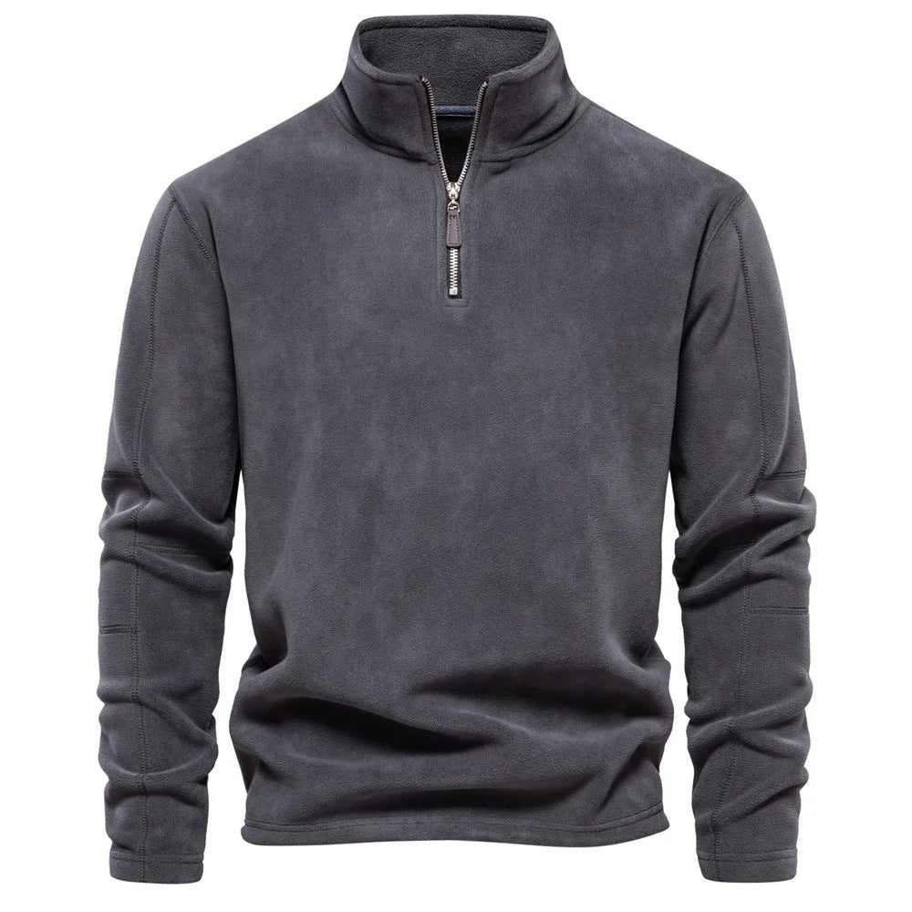 Men's stand-collar zippered fleece sweatshirt in olive green, brown, and dark grey