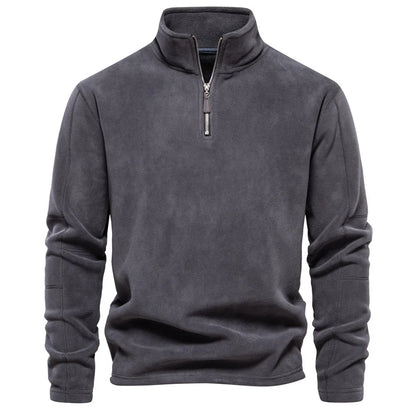 Men's stand-collar zippered fleece sweatshirt in olive green, brown, and dark grey