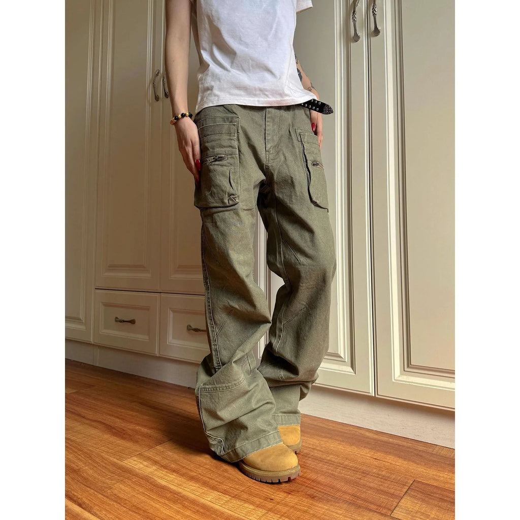 Double zipper work trousers with side pocket in black or green cotton fabric