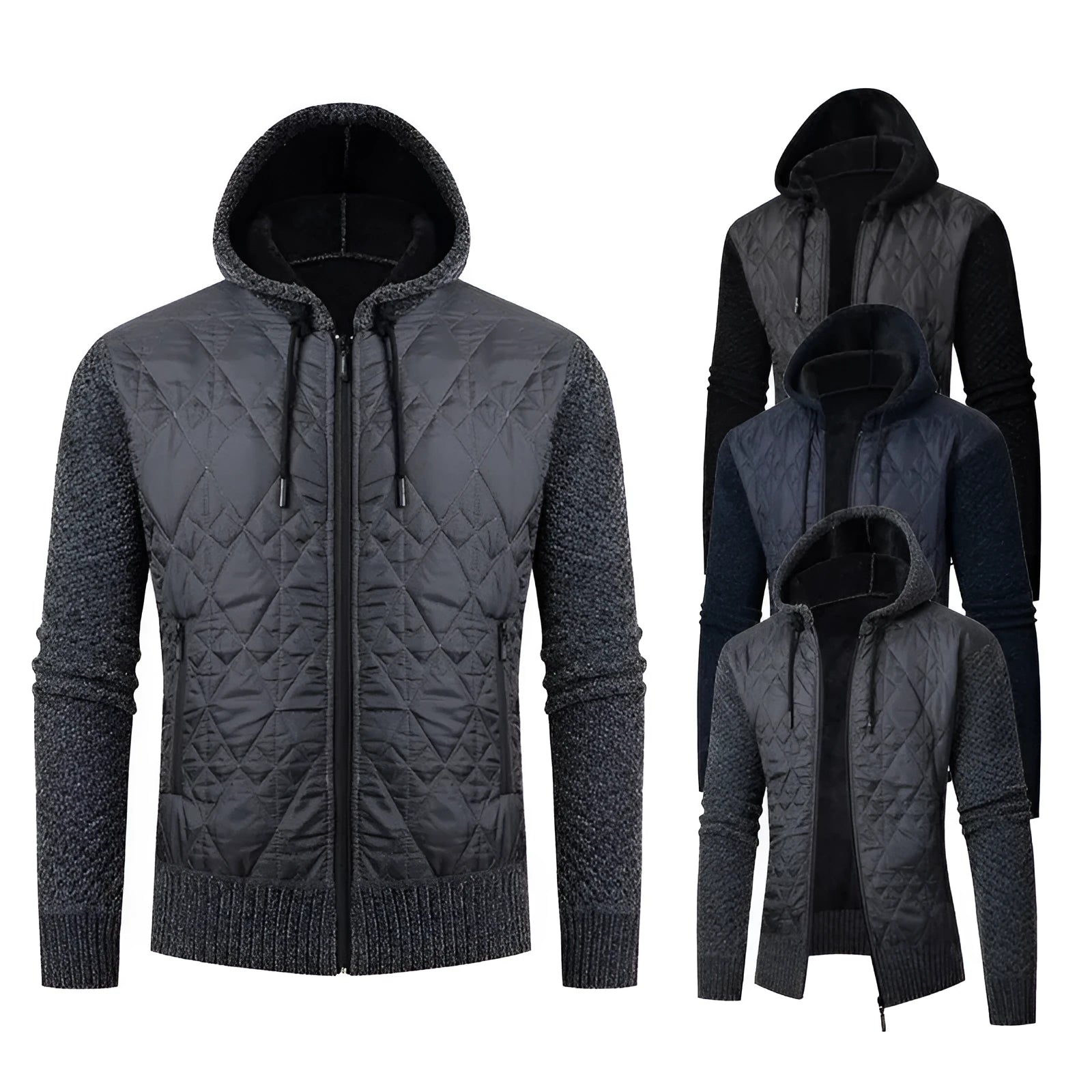 A grey men's hooded cardigan coat with a cinched waist, made from wool-blend corduroy.
