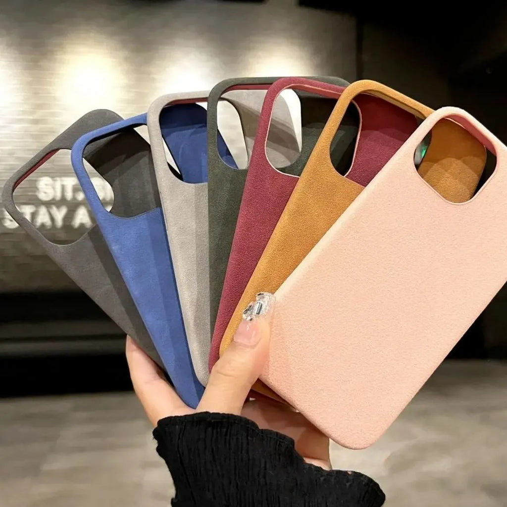 Frosted suede phone case for iPhone in solid colour showing rear cover with camera cutout