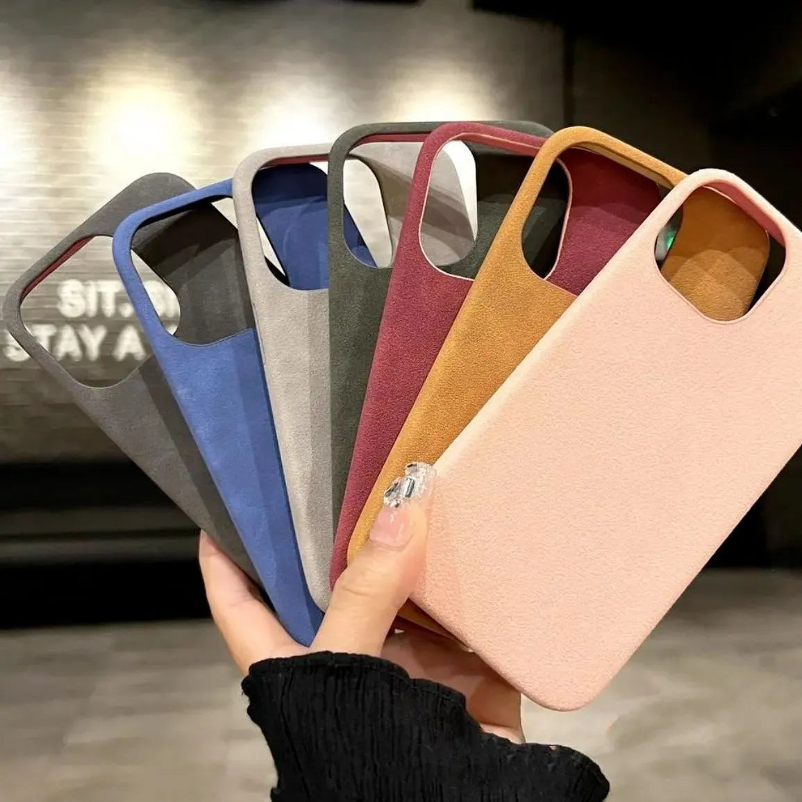 Frosted suede phone case for iPhone in solid colour showing rear cover with camera cutout