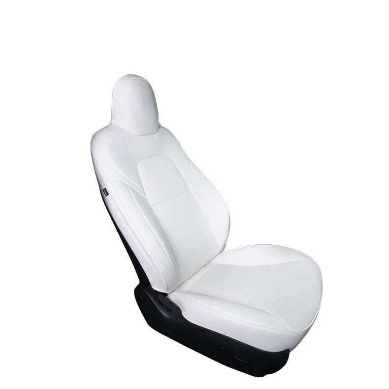 Black PVC chloroprene car seat cover fitted on a Tesla Model 3 front seat.