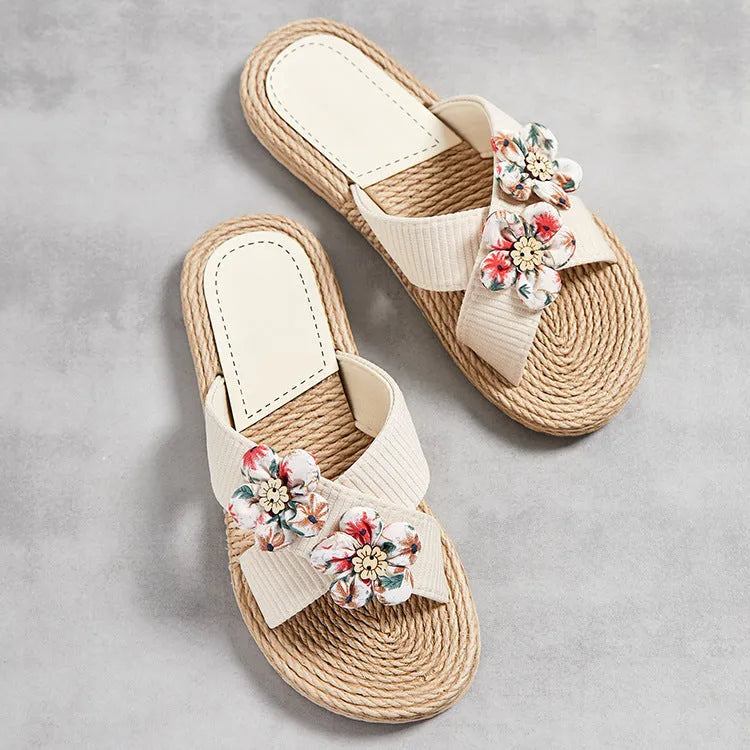 Solid colour summer women's slippers with rope bottom, cotton cloth upper, flowers pattern, and TPR sole
