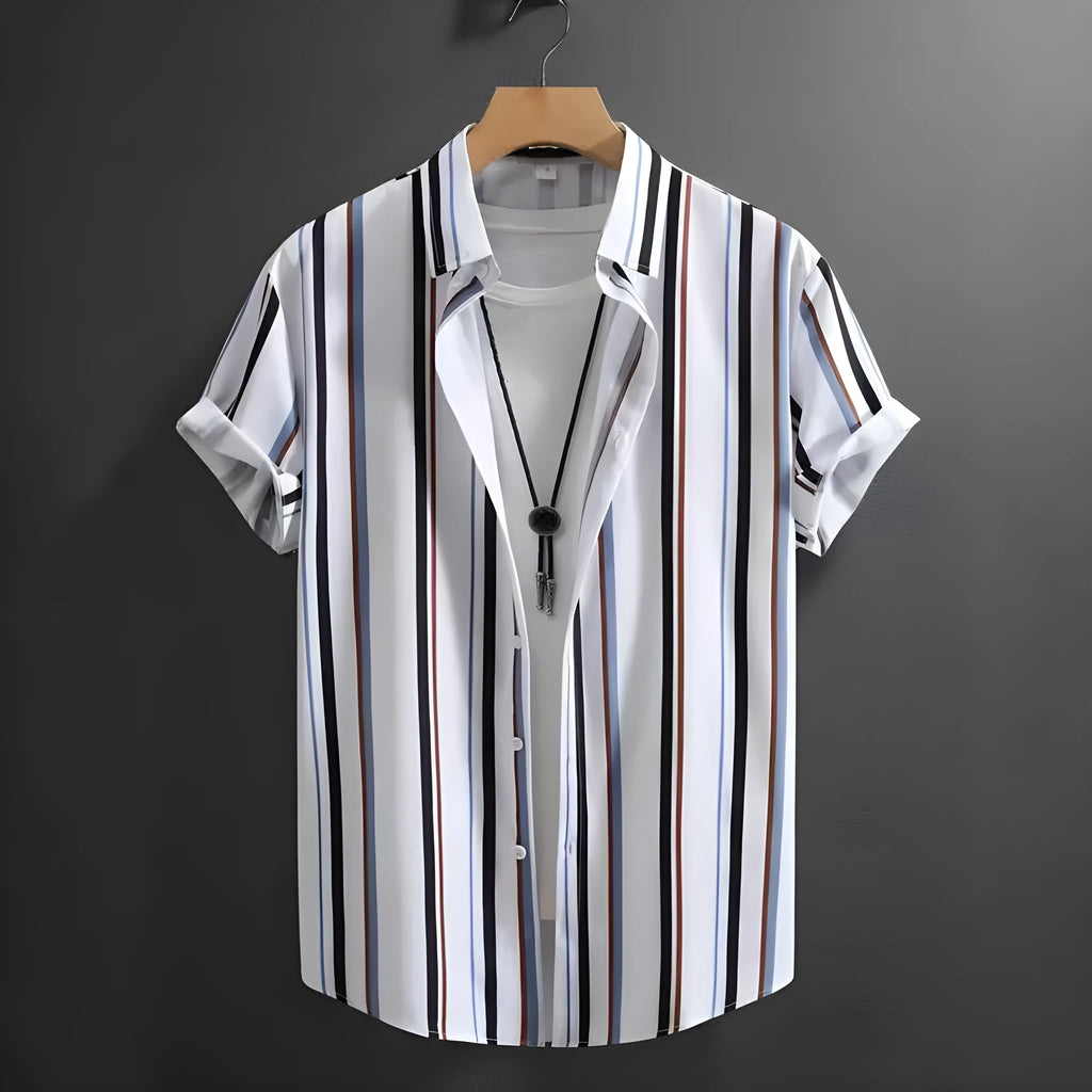 Men's loose fit striped short sleeve shirt with stand collar in chemical blend fabric