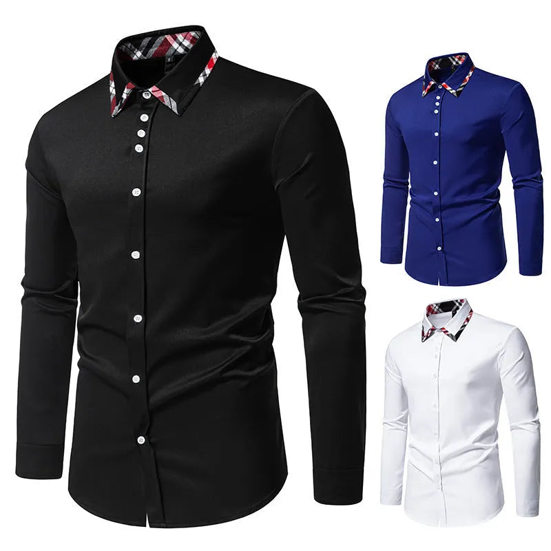 Men's casual shirt with triangle collar and plaid contrast detailing in chemical fibre blend fabric