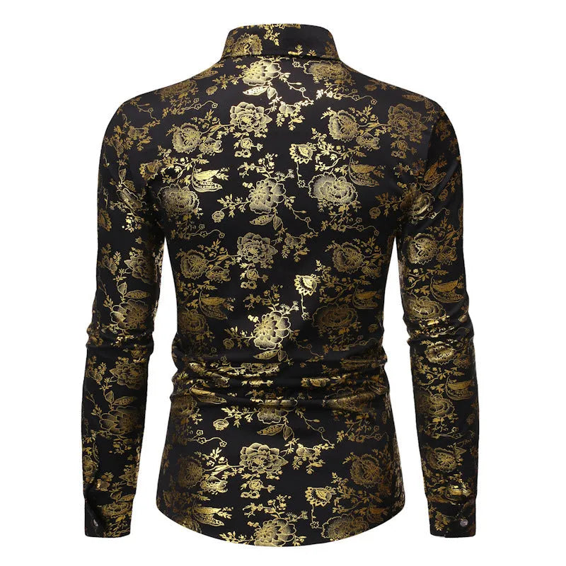 Men's long sleeve lapel shirt with metallic bronze print in wine red