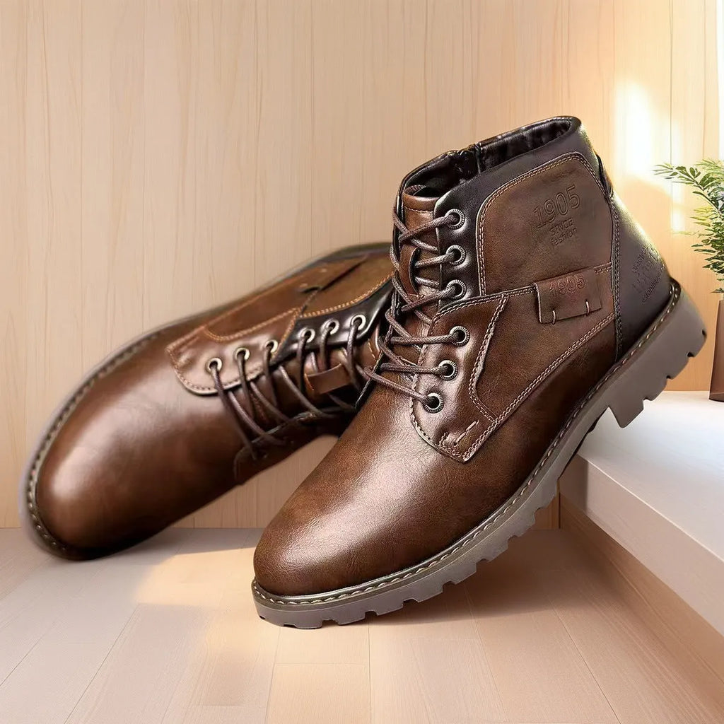 Men's brown and black side-zip ankle boots with round toe and rubber sole