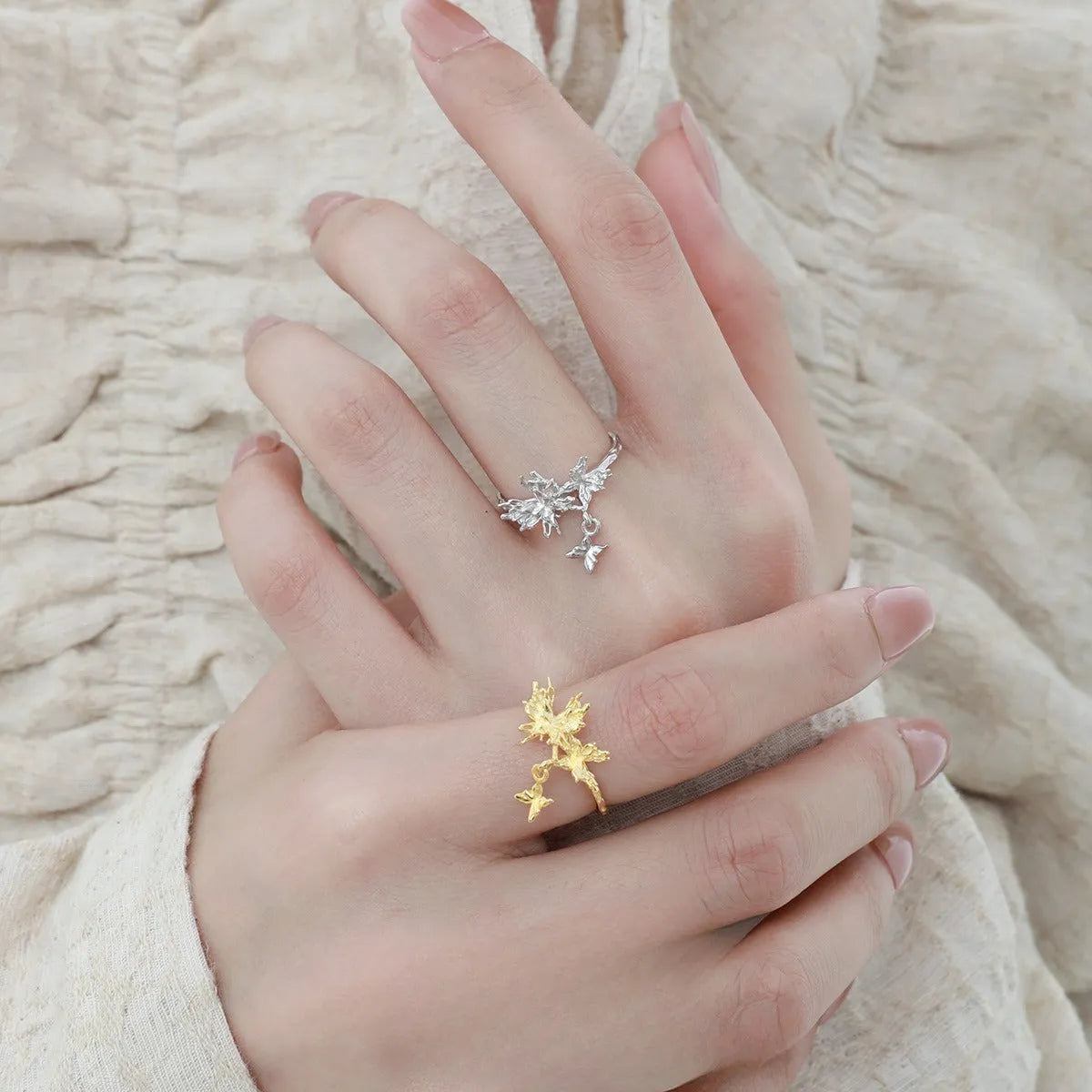 Adjustable silver ring with wild butterfly design in white gold or 18K gold electroplated finish