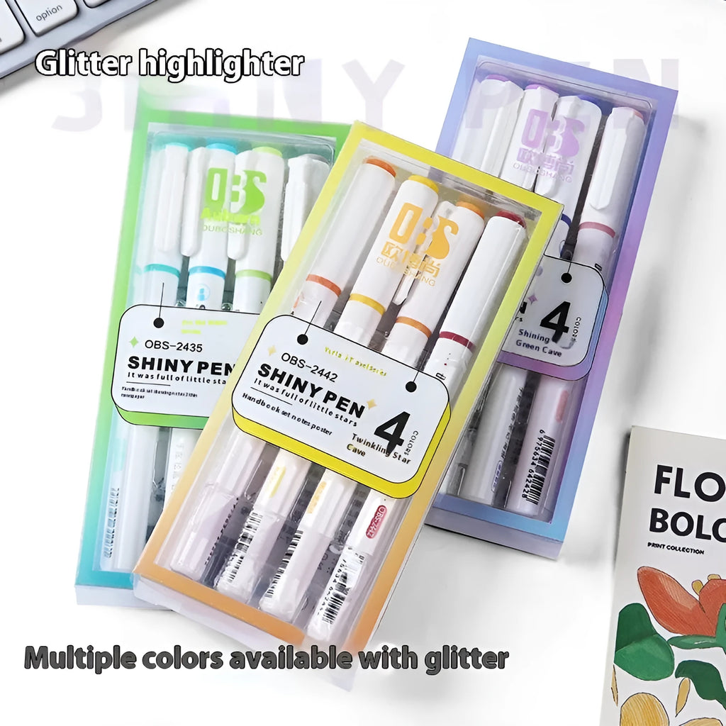 Star River glitter fluorescent highlighter pen set showing six glitter ink colours and slanted nibs