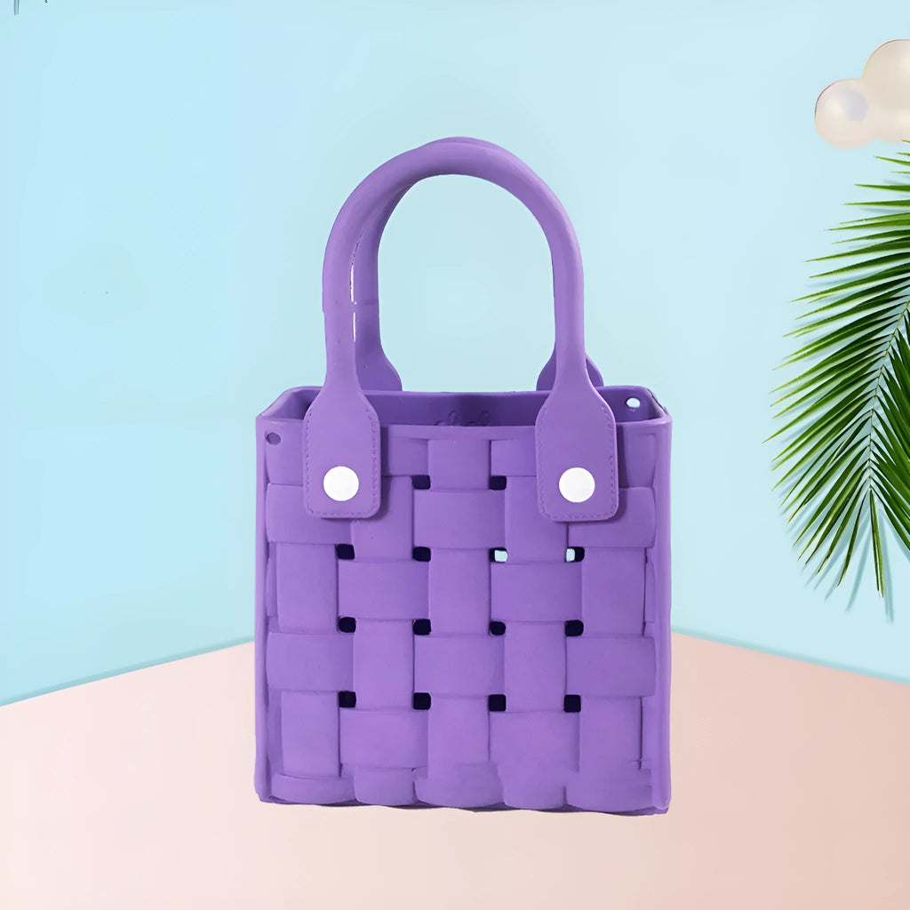 Light luxury minority beach messenger bag in pink, square vertical EVA woven design with double shoulder straps