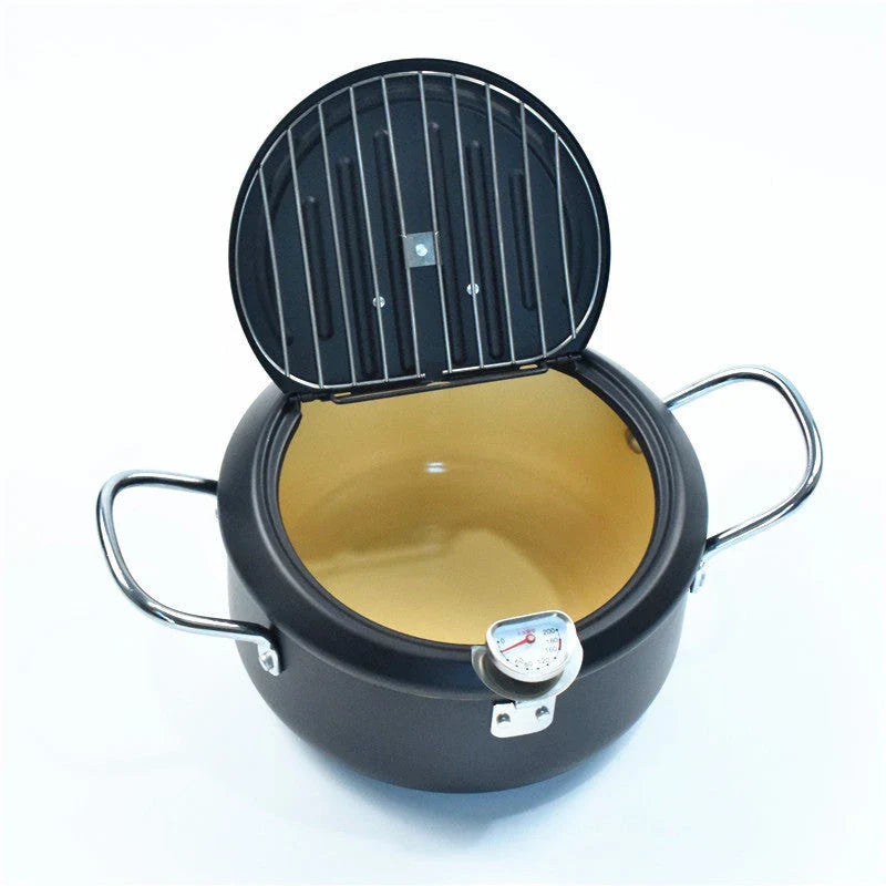 Telescopic stainless steel frying basket with removable thermometer, suitable for gas and induction cooking