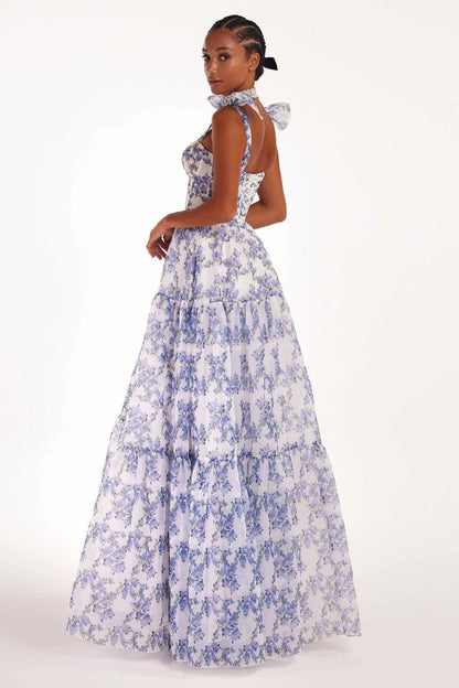 Floral off-the-shoulder organza dress with lace-up back detail
