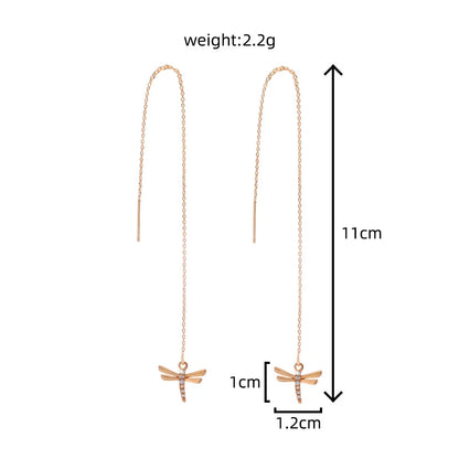 Gold Copper Dragonfly Micro-Set Zircon Long Tassel Ear Wire with detailed design