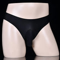 Men's ice silk low waist T-back briefs in black, showing open gusset construction
