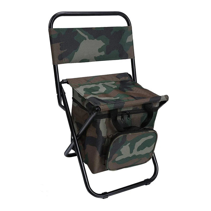 Portable folding fishing chair with cooler bag in army green, blue, camouflage, and green options