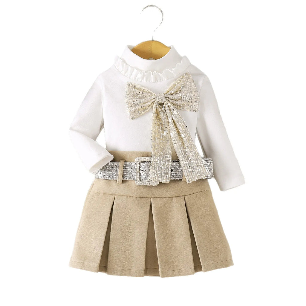 Girls set bow print long sleeve maxi dress in apricot with cotton fabric and long sleeves