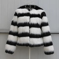 Women's black and white striped faux fur long-sleeved jacket for street fashion