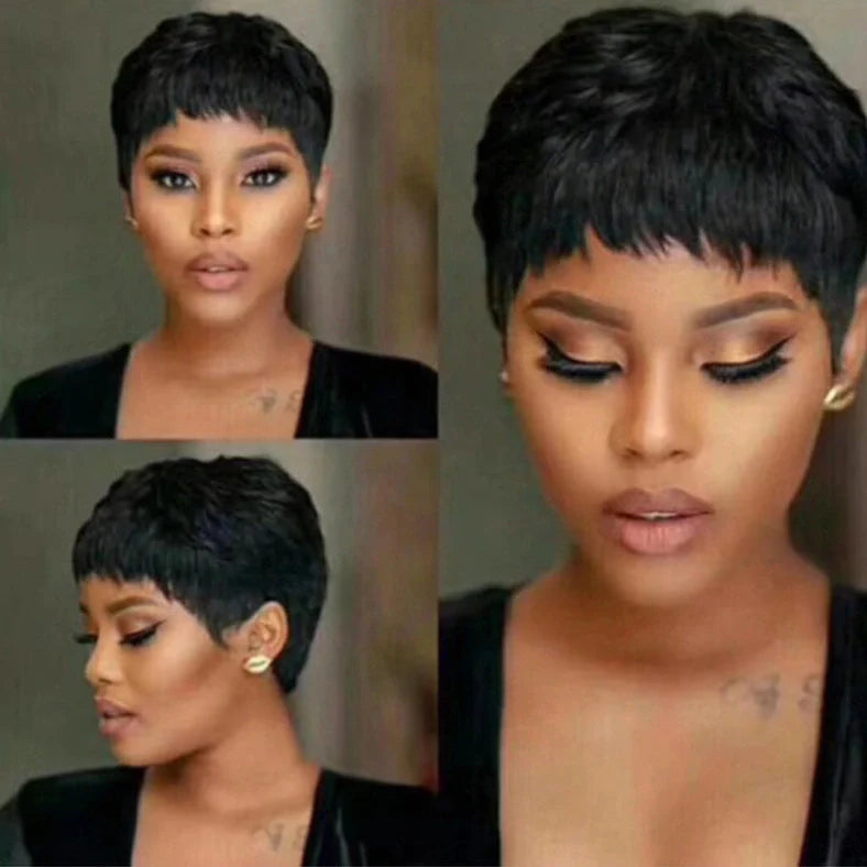 Short hair mechanism wig made from high-temperature fibre in black, light brown, or dark brown, designed to change hairstyle and can be hot dyed to match your natural colour.