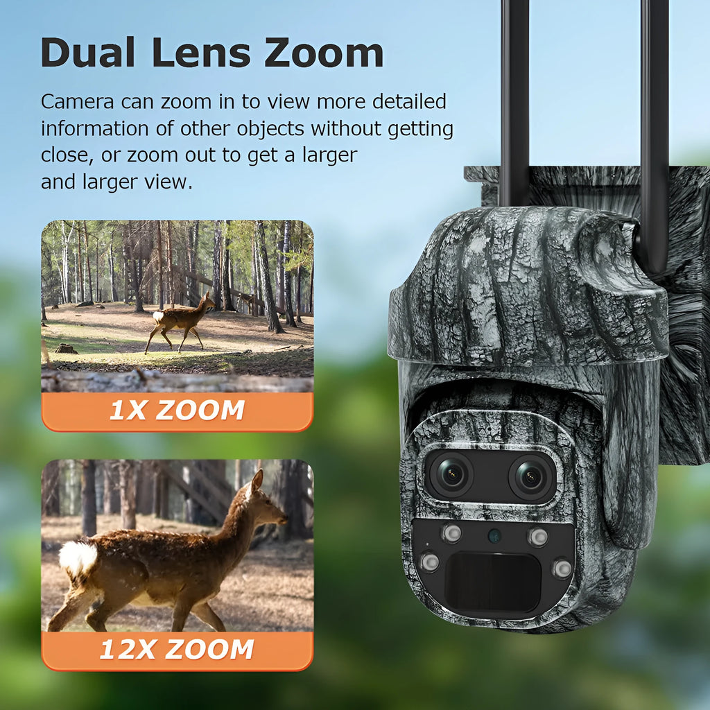 4G solar camouflage camera with 6MP HD night vision and IP66 waterproof housing mounted outdoors