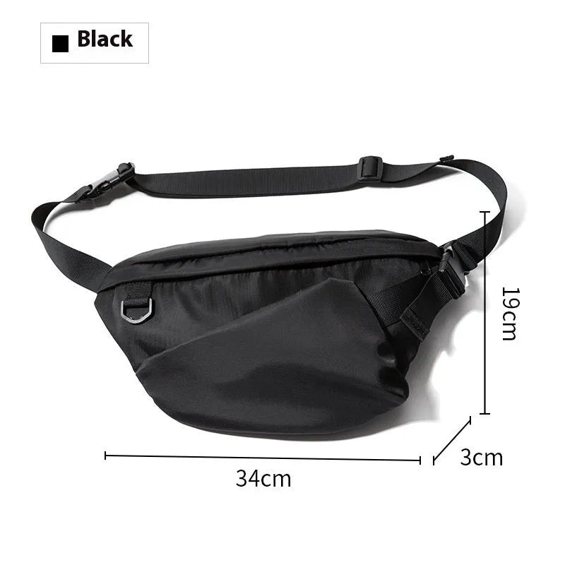 Black men's slanted chest bag with 8-inch Oxford fabric construction and sewing line detail