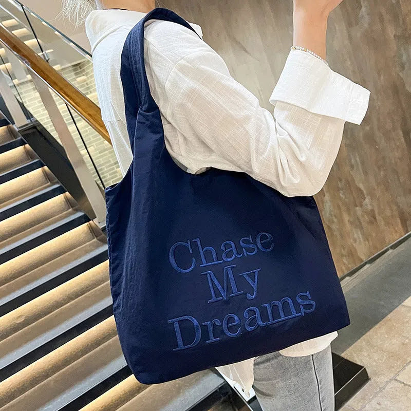 Korean-style 3D letter shoulder bag with minimalist embroidery in horizontal rectangle shape, nylon material, double straps, army green colour