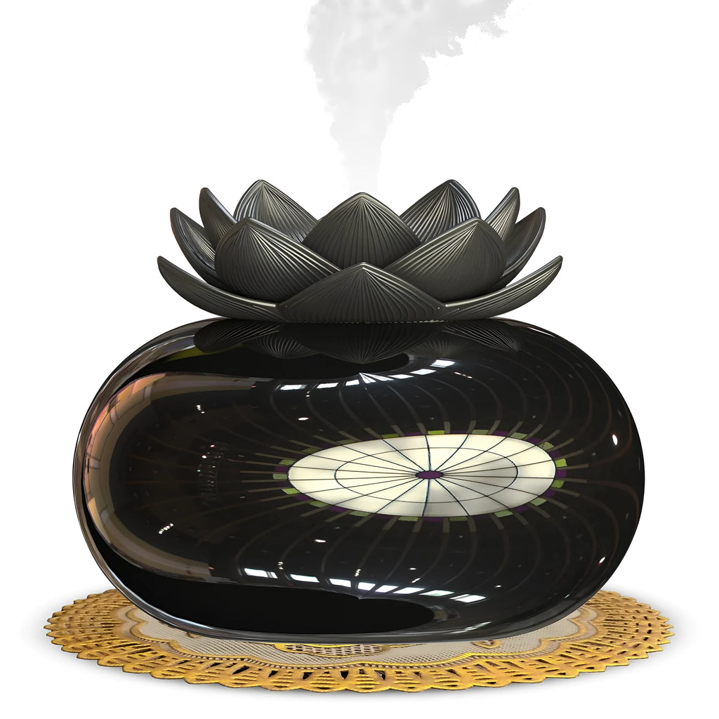 Pure black Lotus aromatherapy humidifier with ceramic diffuser bowl and USB power connection