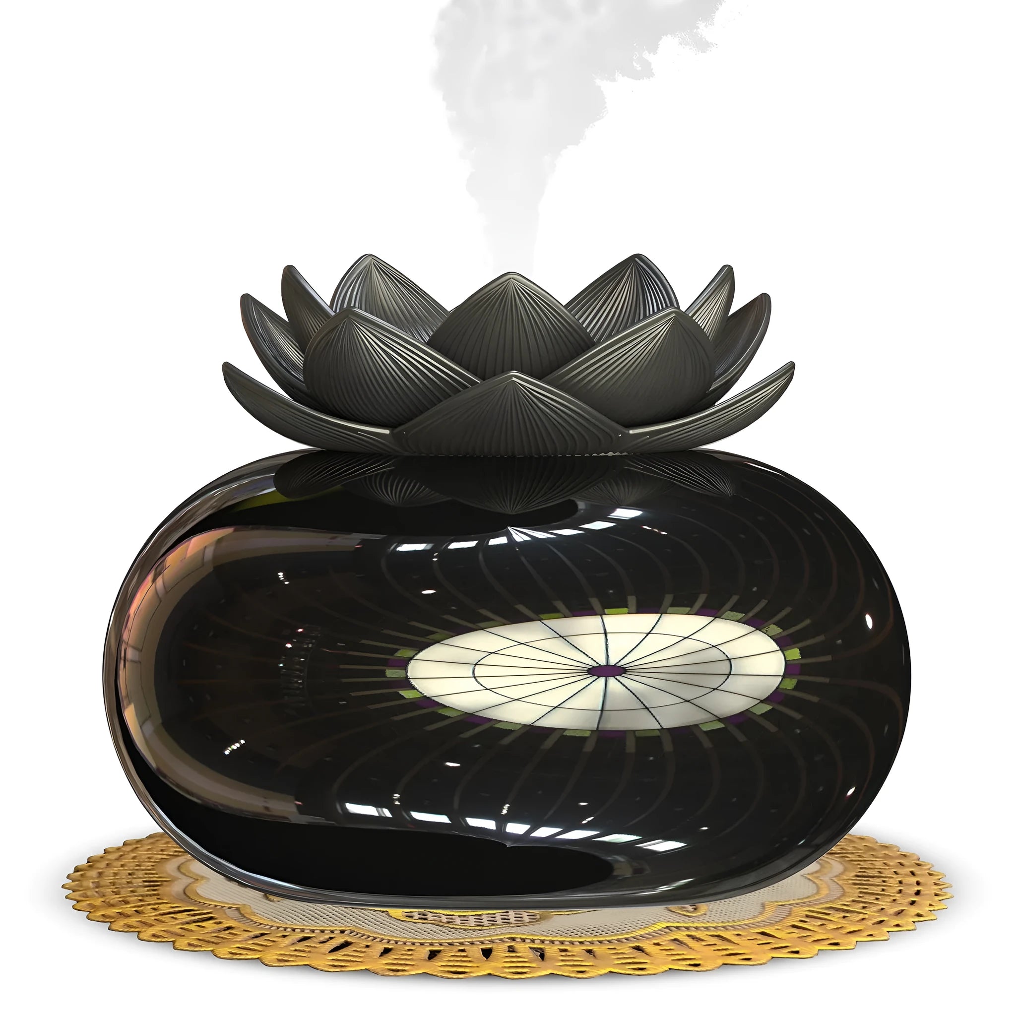 Pure black Lotus aromatherapy humidifier with ceramic diffuser bowl and USB power connection