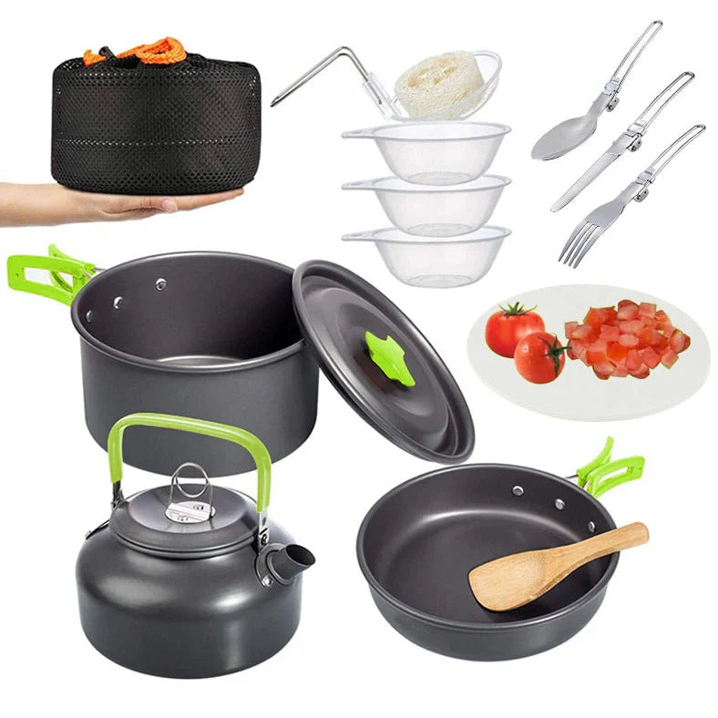 Green folding aluminium alloy camping pot set for 2-3 people showing compact storage size