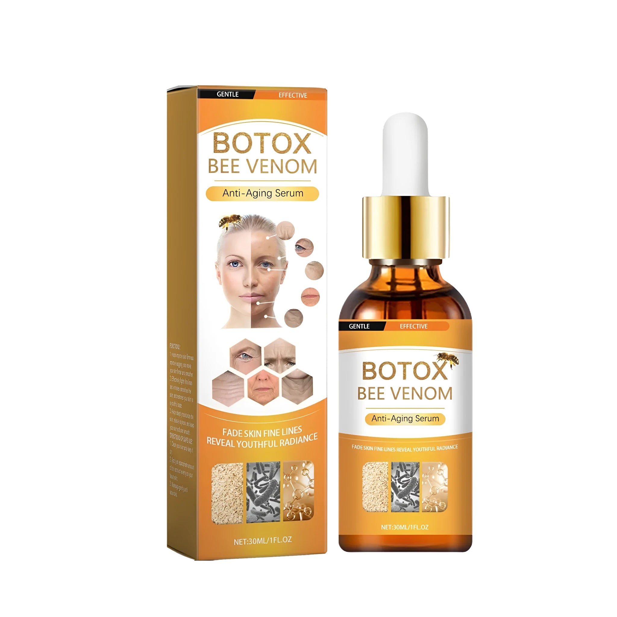 30ml bottle of anti-ageing serum with hyaluronic acid and bee venom extract