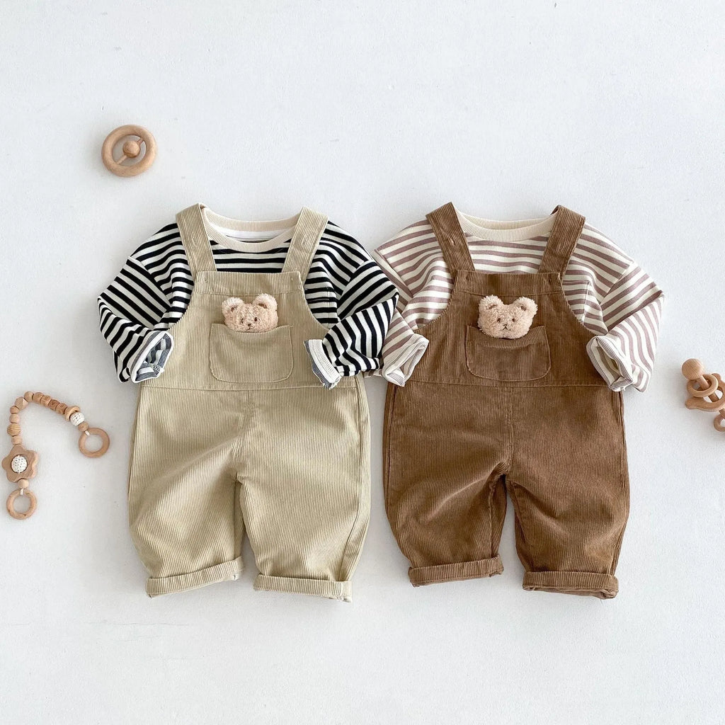 Boys' bear-style corduroy suspender overalls in apricot, solid colour, suitable for 73-100cm height