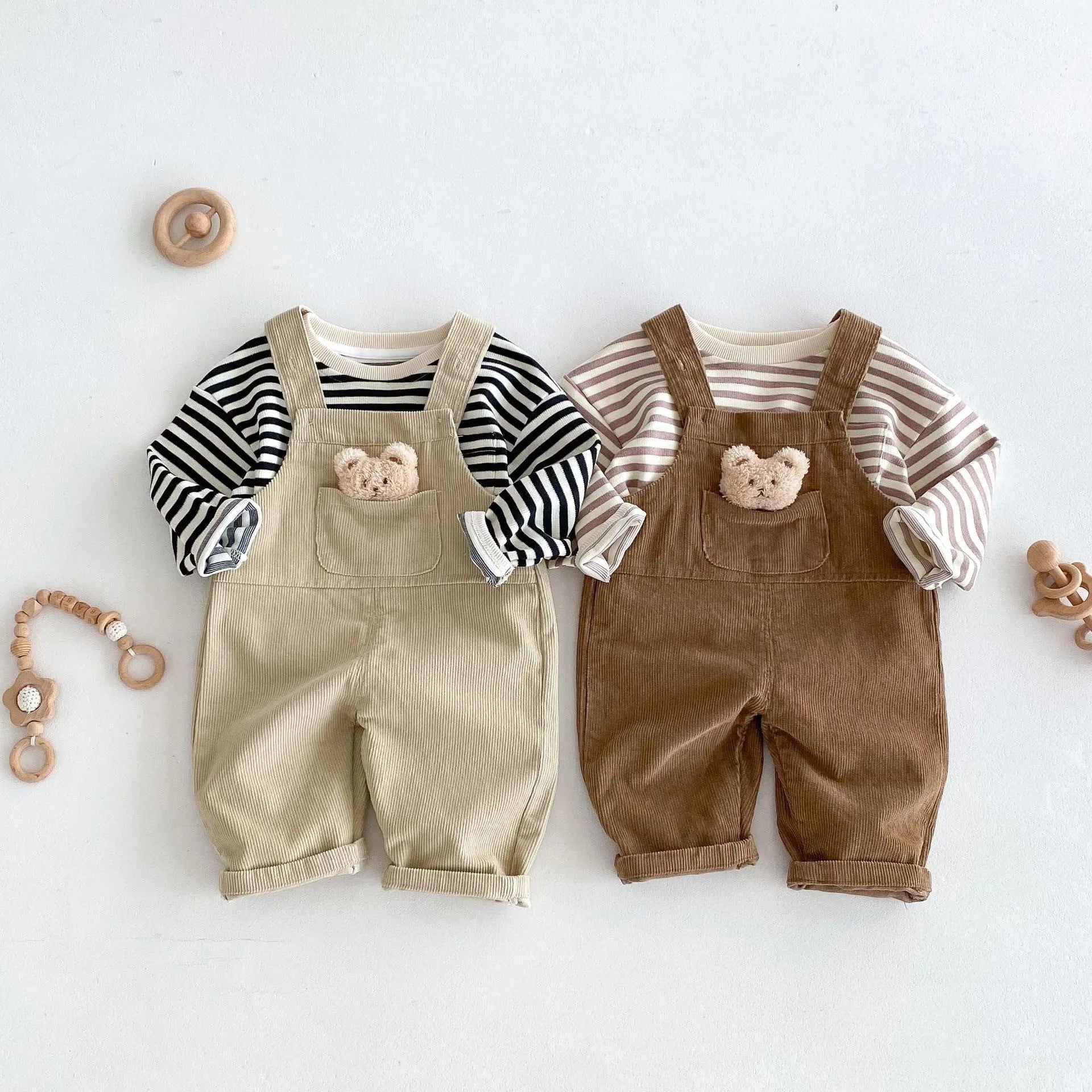 Boys' bear-style corduroy suspender overalls in apricot, solid colour, suitable for 73-100cm height