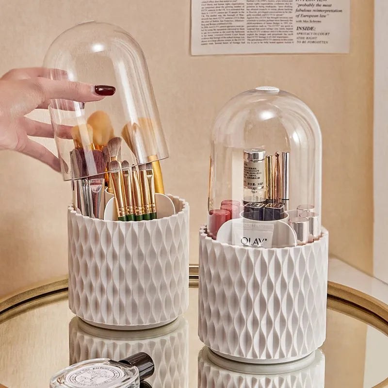 White rotating acrylic makeup brush holder with transparent dust cover showing brush compartments