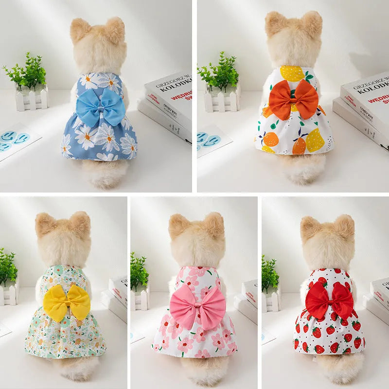 Ultra-thin floral butterfly knot princess dress for pets in summer, shown with colour bow options.