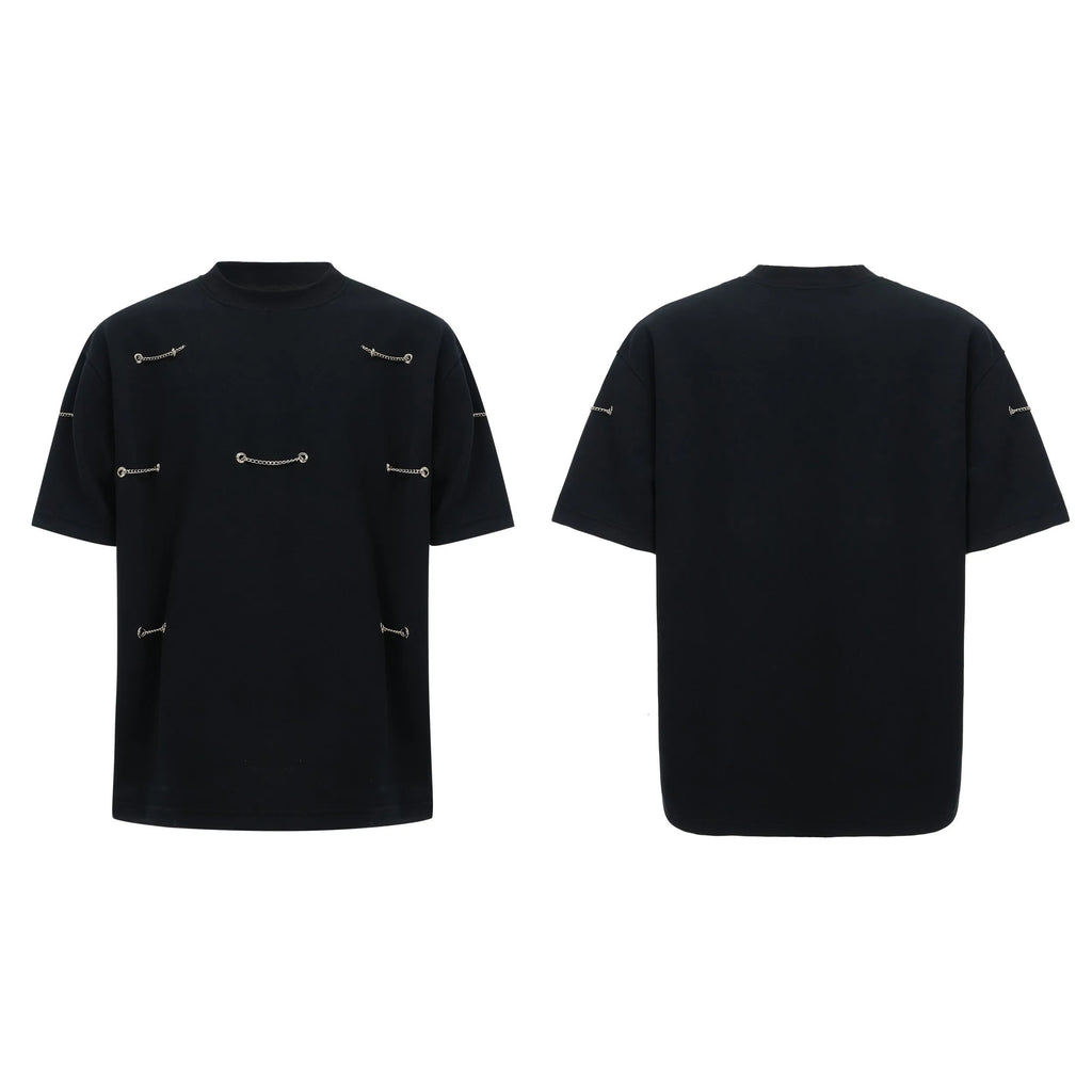Black heavy cotton t-shirt with padded chain shoulder detail on short sleeves